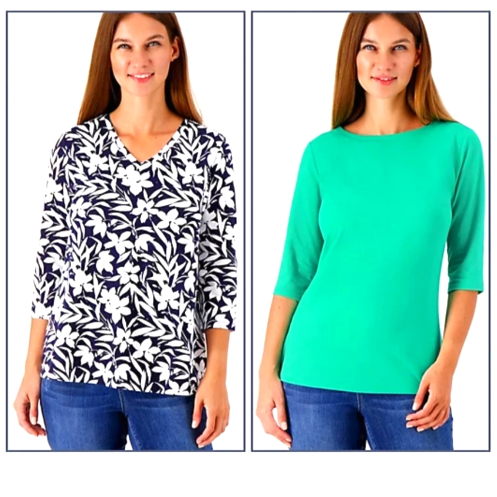 Denim & Co. Essentials Favorite Jersey Set Of Two Knit Tops Navy/Spring Jade 3XL